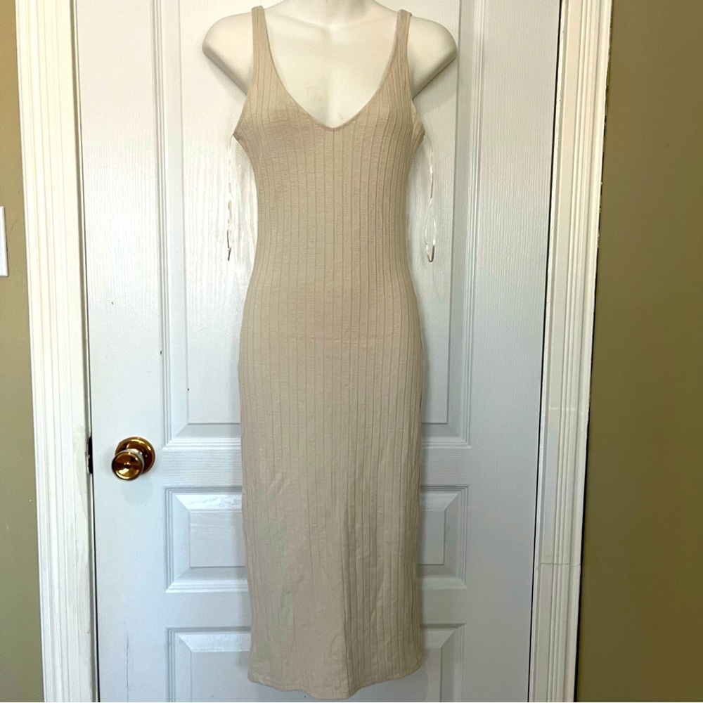 Zara Ribbed Sleeveless Dress Women Small Beige